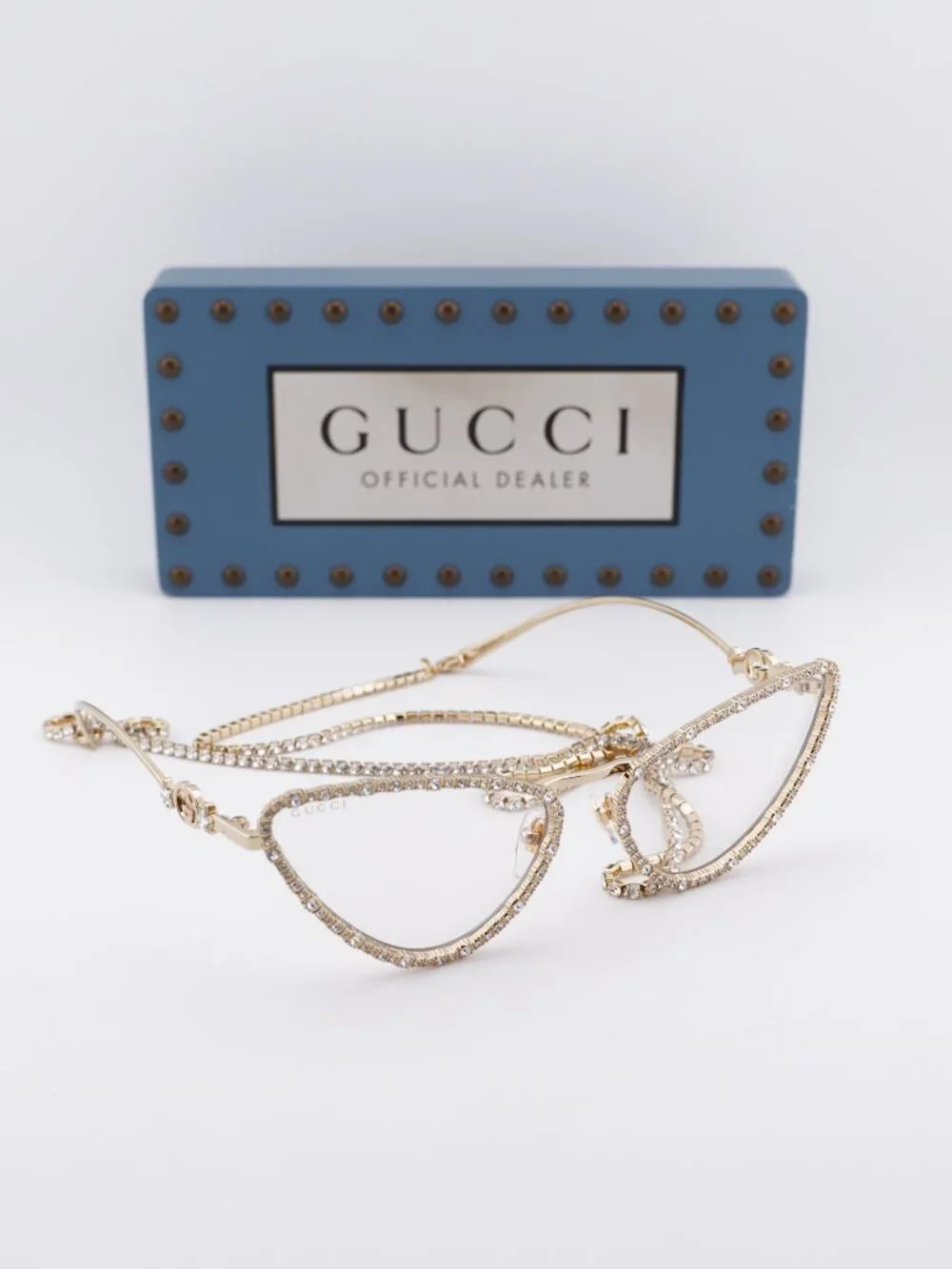 Gucci GG1569S 002 Cat Eye Sunglasses - Gold with White Stone / Brown